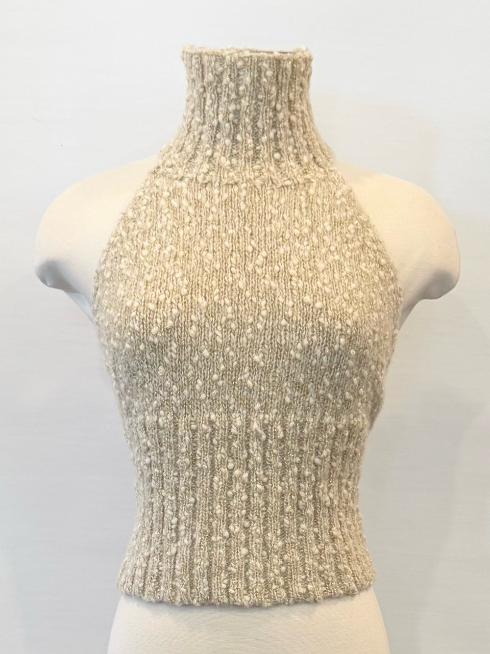 EXPRESS Wool Blend Cream Metallic Gold Knit Vintage Holiday Halter Sweater Top M - Picture 4 of 15